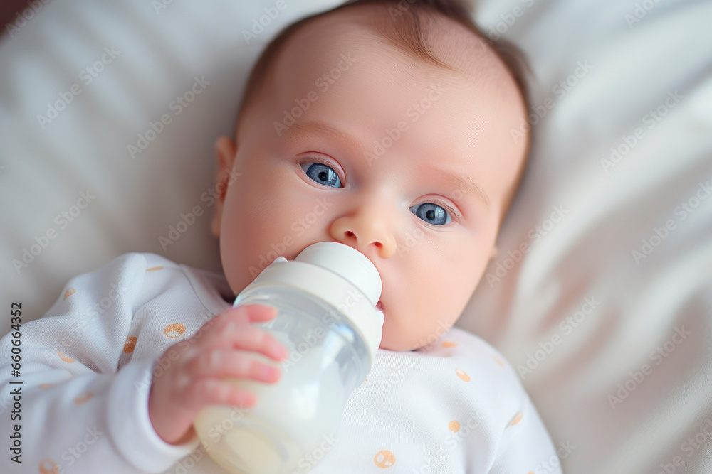 Baby drinks milk from a baby bottle with a pacifier. Baby drinks milk from a baby bottle with a pacifier.