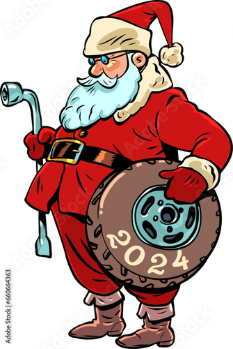 Preparing for the upcoming new year for drivers. Car repair and tire change due to winter. Santa Claus holds a wheel with the inscription 2024 and tools in his hands.