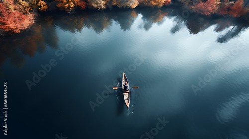 Person rowing on a calm lake in autumn, aerial view only small boat visible with serene water around 