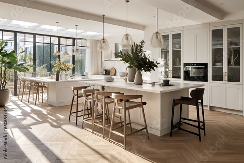 Modern kitchen with white tones, island dining, herringbone flooring, plants, wooden accents. Generative AI