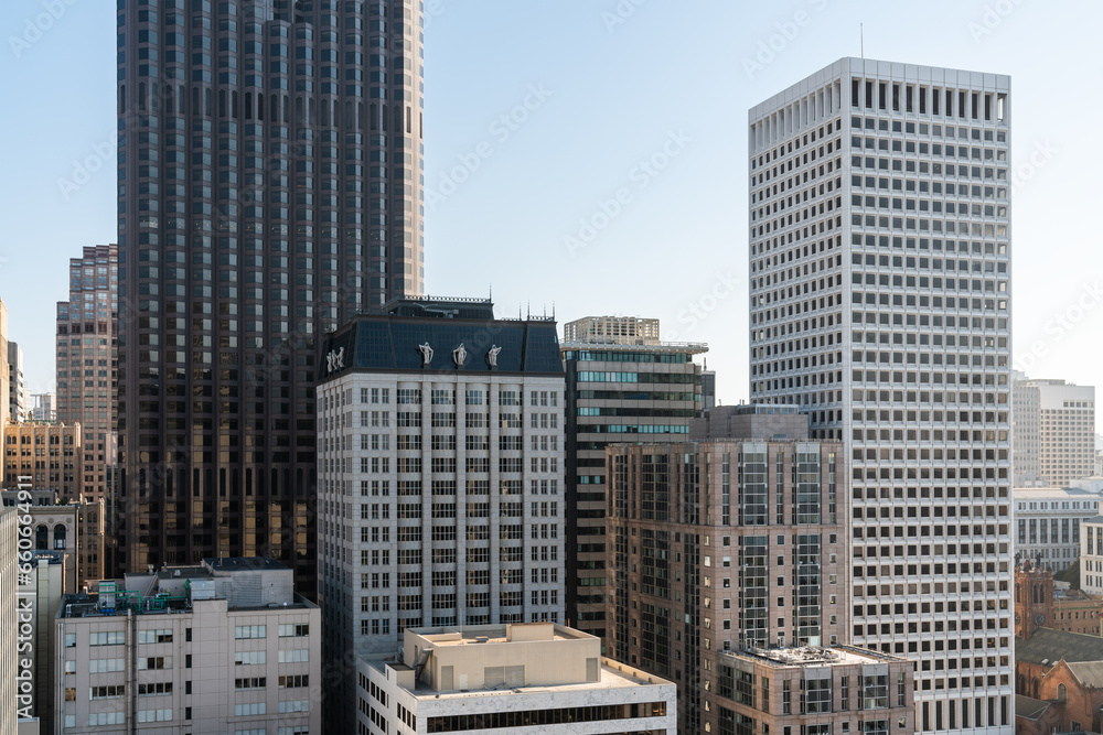 Panoramic cityscape view of San Francisco financial downtown at day time, California, United States. Urban lifestyle view around skyscrapers from rooftop.