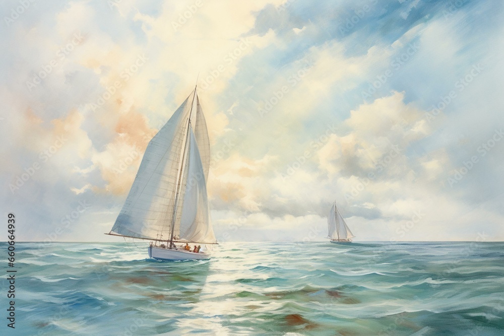 Watercolor painting of white sailing boats in serene sea with storm clouds and sunbeams. Generative AI