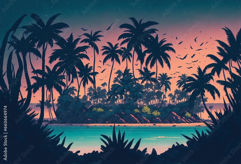 Tropical island with palm trees and the sunset, flat vector art illustration background, Generative AI