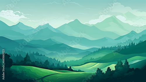 Abstract green landscape wallpaper background illustration design with hills and mountains