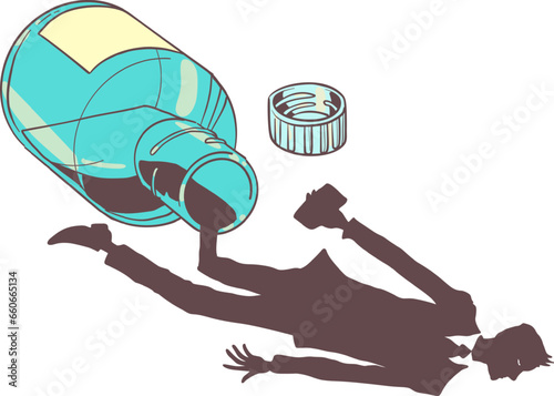 Create a character for a book or screenplay using ink. Dependence of a person on drugs. An office worker emerges from a glass jar of black liquid.