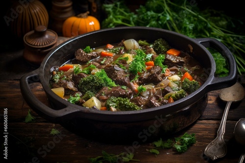flavored venison stew with veggies, herbs & sauce, served in stylish cookware. Generative AI
