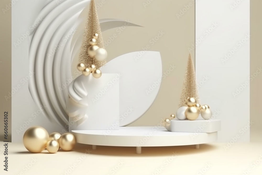 3D rendering of a stand with a spiral Christmas tree, gift boxes, and ...