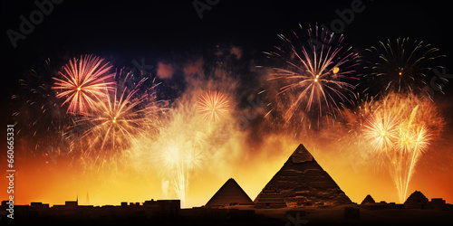 Fireworks at Egypt new year background. Generative AI.