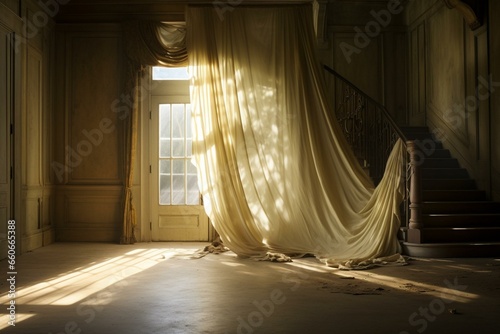 a spacious entrance with a hanging drape beside it and sunlight streaming into the room below, alongside a fallen drape and adjacent flooring. Generative AI photo