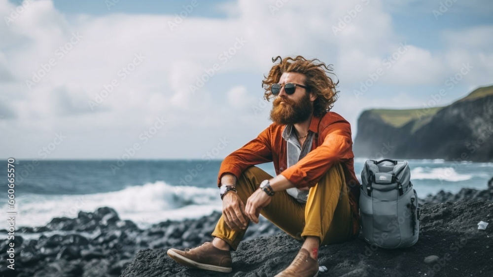 Fototapeta premium person with backpack on the beach