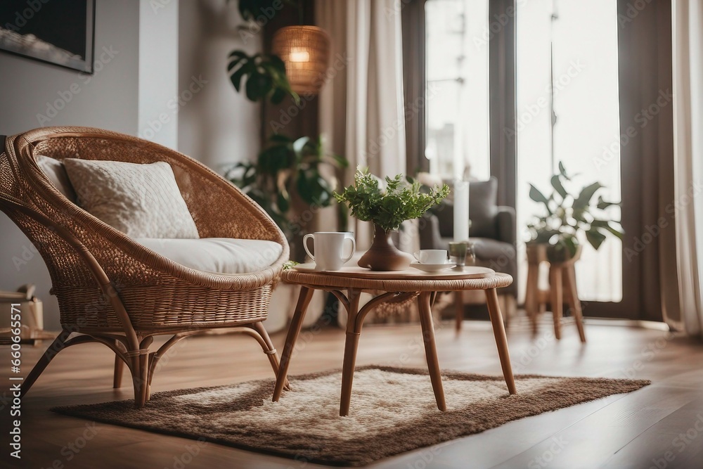 Beautiful cozy living room with wicker rattan chair and table