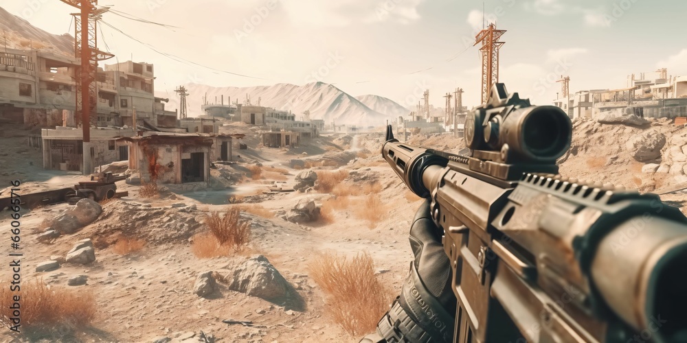 Soldier Holding a Gun With A Ruined City in The Desert Background
