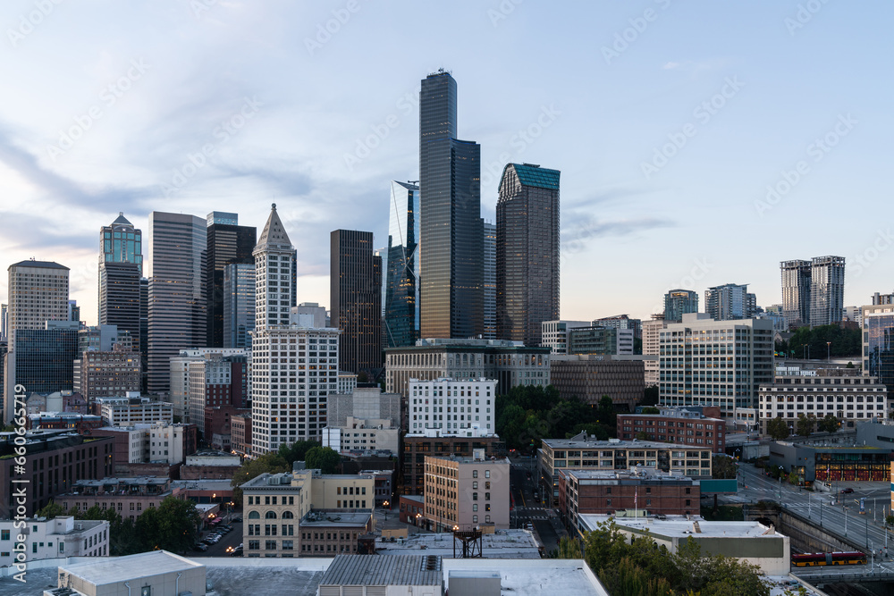 Seattle aerial skyline panorama of downtown at sunset, Washington USA.