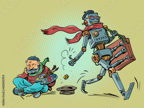 Artificial intelligence takes the work of artists. Robot artist tossing a coin to an unemployed human artist.