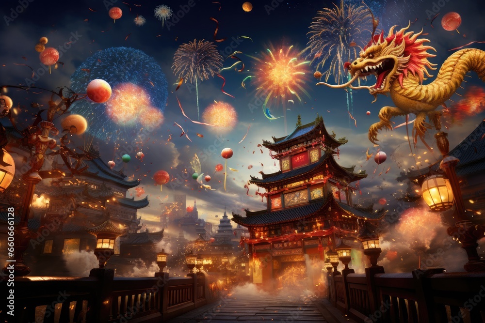Chinese new year celebration festival with Chinese dragon - obrazy, fototapety, plakaty 