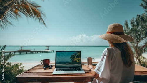 person working on laptop at the beach