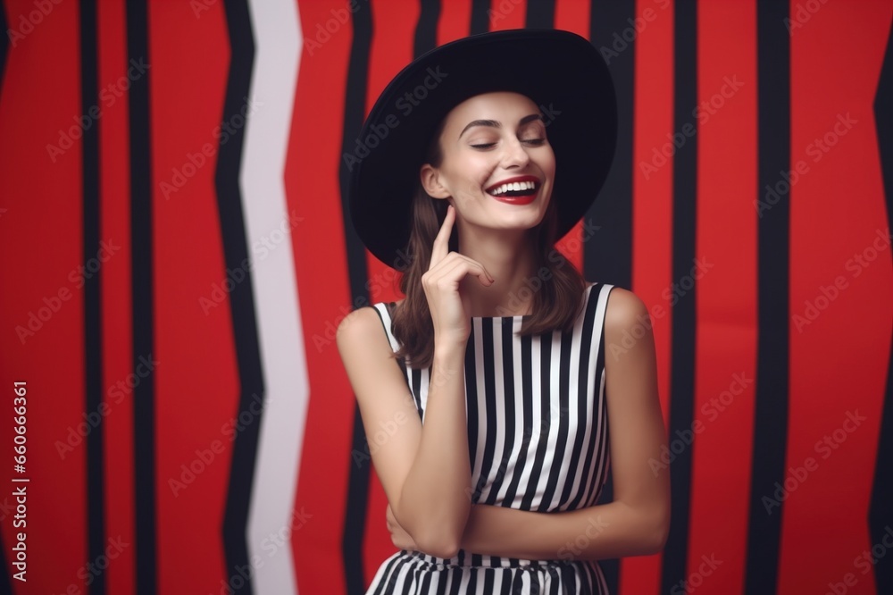 fashionable woman in a striped dress on a striped background in the studio. fashion content. Generative AI fashionable woman in a striped dress on a striped background in the studio. fashion content. Generative AI