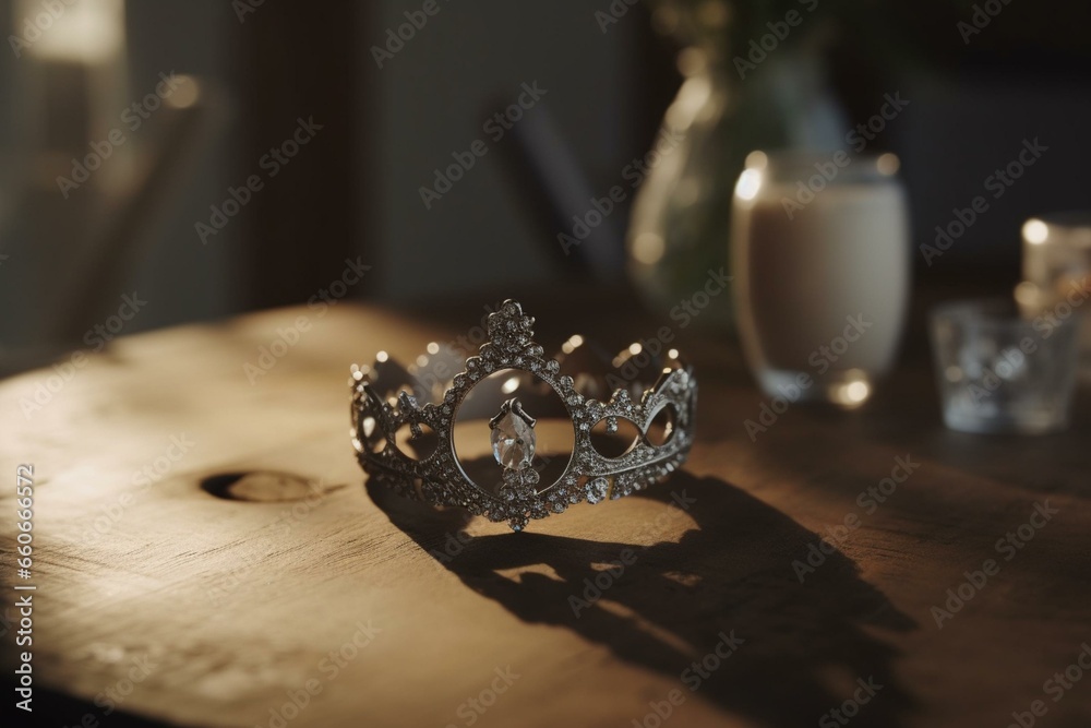 Beautiful wedding ring and regal crown displayed on a wooden table. Generative AI