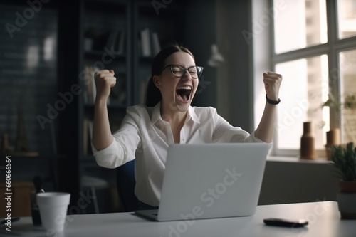 The work is completed. Young professional woman rejoicing over completed work with raised fists while sitting at desk. generative ai