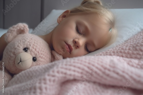 Little blonde girl sleeping in bed, hugging a teddy bear under a pink knitted blanket, space for text. generative AI