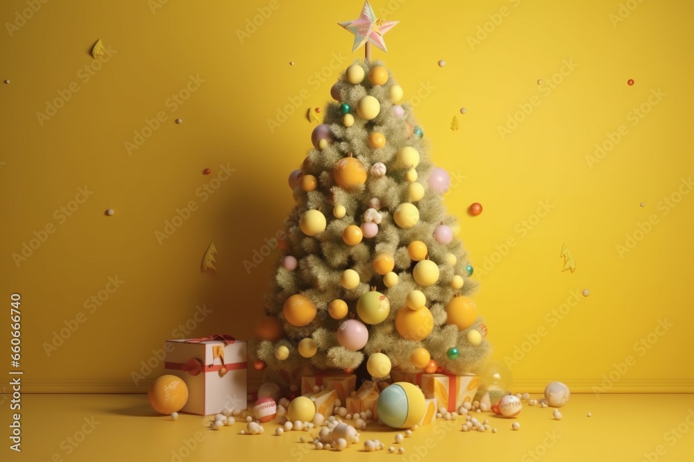 Christmas concept.interesting christmas tree on yellow background. Generative AI