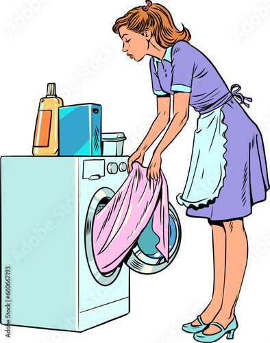 The servants help the owners with the laundry. Responsible housewife takes care of household chores. A girl in uniform pulls clothes out of the washing machine.