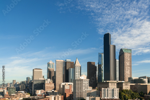 Seattle aerial skyline panorama of downtown skyscrapers at sunrise, Washington USA.