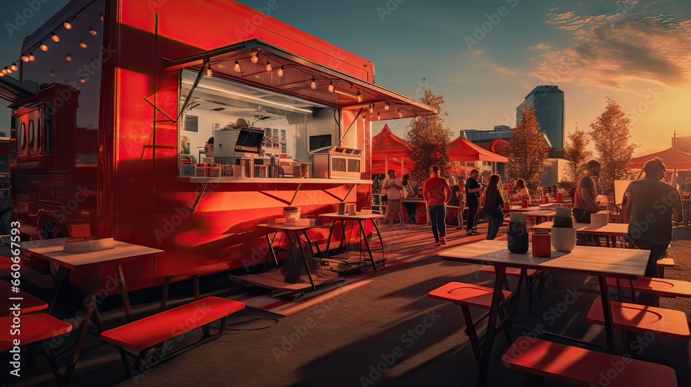 modern food truck with tables all around ready to serve food, restaurant concept - obrazy, fototapety, plakaty 