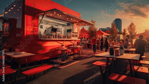 modern food truck with tables all around ready to serve food, restaurant concept photo