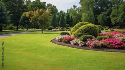 Beautiful manicured lawn and flower bed with deciduous © Nicolas Swimmer
