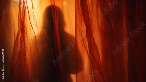 Shadowy figure behind a backlit Halloween themed curtain