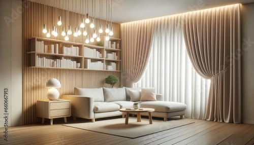 A living room with a modern curtain light and many books, sustainable lighting, modern home design, cozy reading atmosphere, interactive home technology, soft interior decor