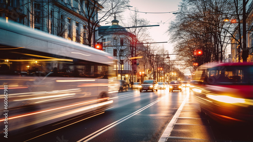 City shot in the evening during rush hour with strong motion blur, symbolic of the modern fast pace and hustle and bustle in everyday life and at work