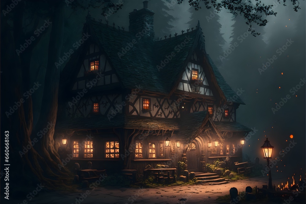a cosy looking medieval tavern in a dark gloomy foggy wood nighttime full moon DnD 