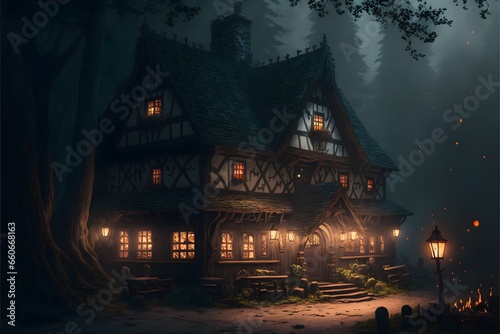 a cosy looking medieval tavern in a dark gloomy foggy wood nighttime full moon DnD  © Martha