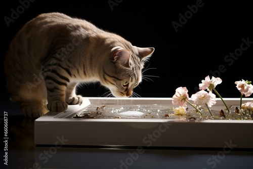 Cat sniffs litter box. Generative AI