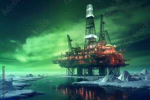 Oil rig, gas, frozen sea, northern lights. Keywords: arctic, offshore, petroleum platform, cold, water, aurora, generation. Generative AI