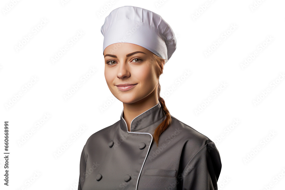 portrait of a female chef in chef's hat and jacket, head chef, png isolated on white background portrait of a female chef in chef's hat and jacket, head chef, png isolated on white background