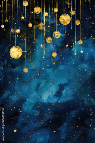 Festive shiny blue background with golden glitters. Christmas backdrop.