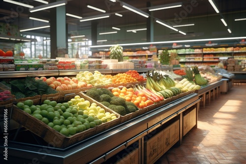 A large supermarket has a wide aisle full of fruit and vegetables, bright lighting from bulbs