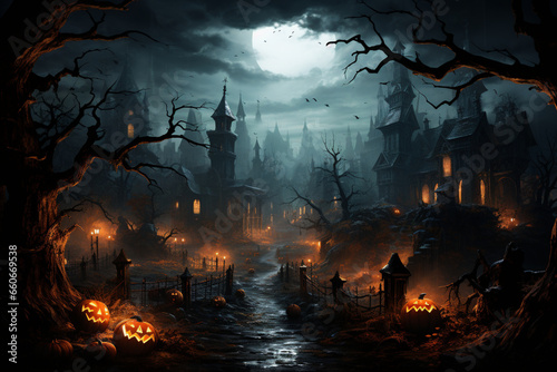 Eerie Halloween Scenes: Glowing Pumpkin Lanterns, Moonlit Mystic Forests, Graveyard with Spooky Pumpkins, & Atmospheric Haunting Backdrops. Ai Generative