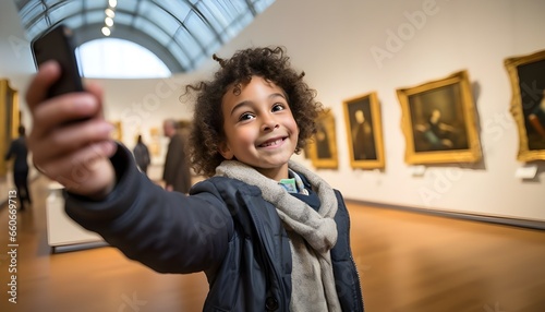 Happy 5-year-old taking a selfie at the museum