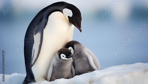 Adult penguin with two chicks