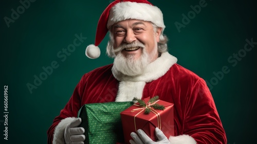 Joyful Santa Claus Holding a Gift in Hands Against a Festive Green Studio Backdrop - Merry Christmas Character and Gift-Giving Cheer