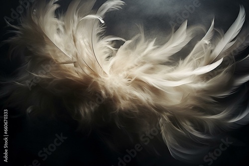 Feathers dancing in wind against dark backdrop; blurred foreground. Generative AI