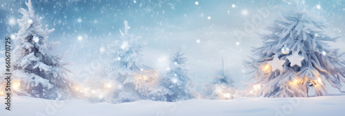 Weihnachten Hintergrund. Weihnachtsbaum mit Schnee verziert mit Lichterkette, Urlaub festlicher Hintergrund. Widescreen Rahmen Hintergrund. Neujahr Winter Art Design, Weihnachtsszene Breitbild © FJM