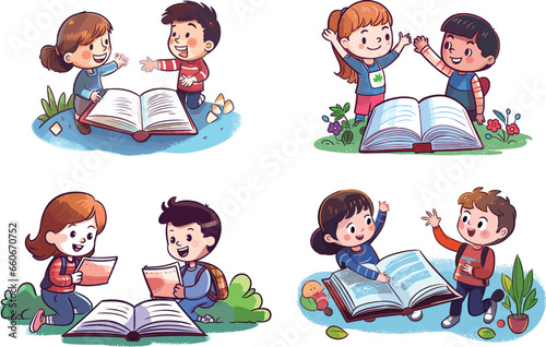 Cute kids reading books. Cute cartoon kids reading books.