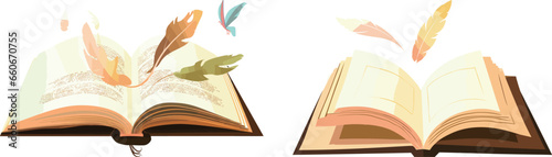 Set of two vector illustrations of open book with feathers and inkwell