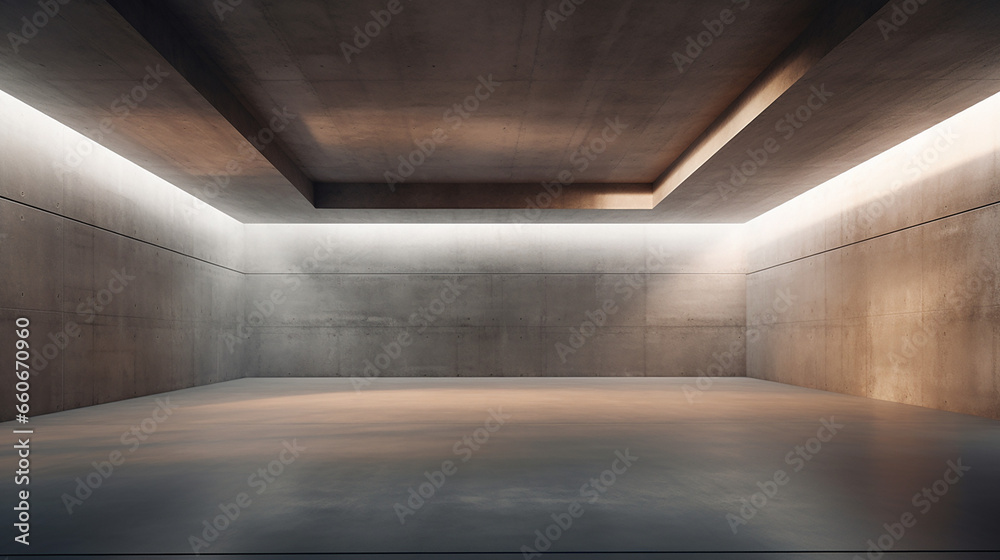 3d render of abstract modern architecture with empty concrete floor, indoor lighting, presentation background