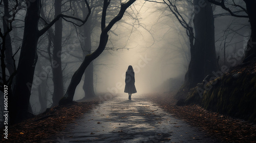 woman walking alone down foggy road at blue hour (ID: 660670937)